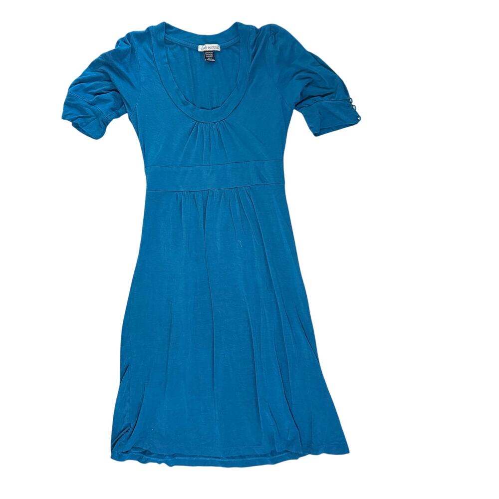 Body Central Empire Waist Dress Y2K Women M Teal Blue Short Puff Sleeve Knit